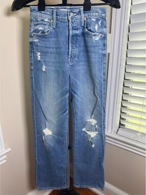 MOTHER The Rambler Ankle Fray Jeans Holy Melancholy Distressed Straight Leg 25